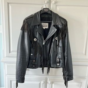 Open Road Vintage Motorcycle Leather Fringe Jacket, Sz 44